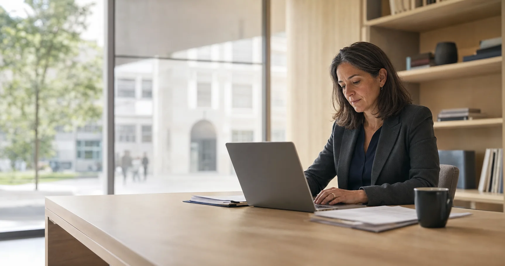 An admissions professional reviewing an application in a university office